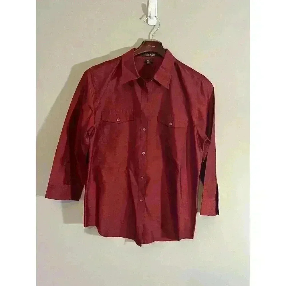 Lauren Ralph Lauren Dupioni Womens Silk Red Button Down Blouse Size 10